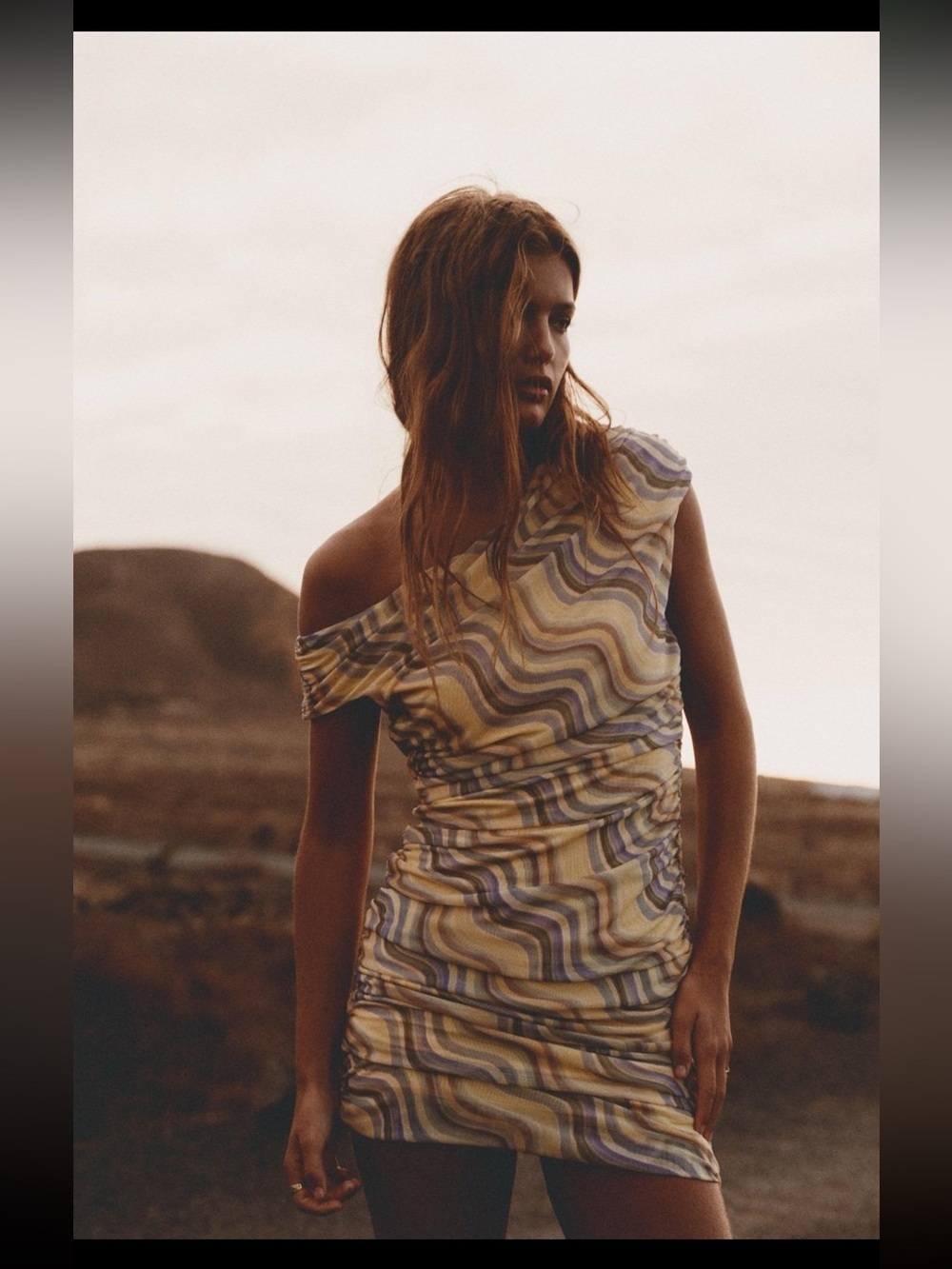 Zara One-Shoulder Mini Dress in Cream and Blue Wave Pattern